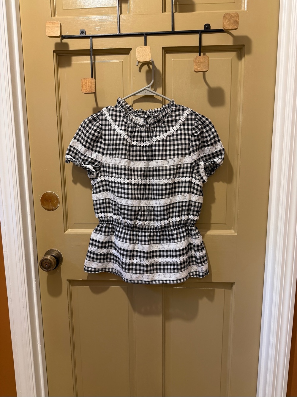 Cute J. Crew Black & White Gingham Peplum Top with Lace Trim